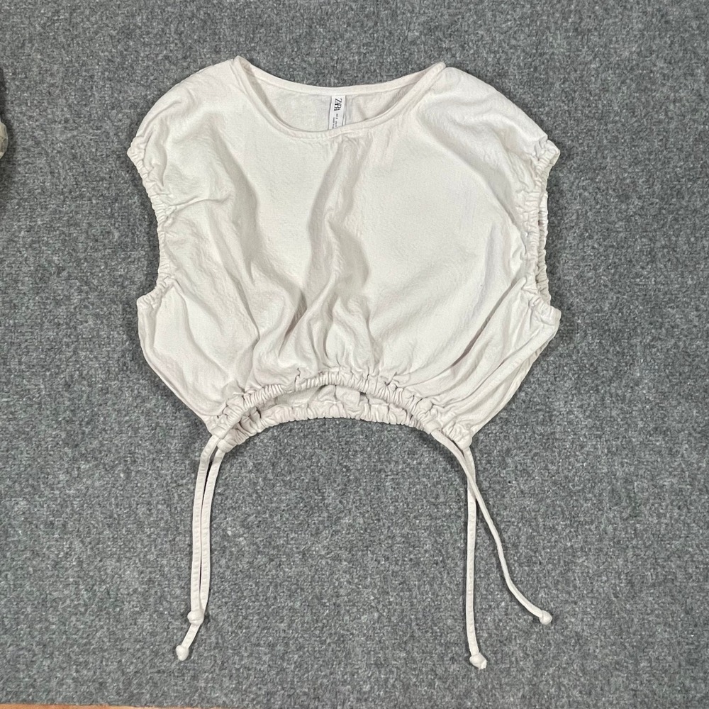 Zara Cropped Top Womens Small Off-White Textured Ruched‎ Drawstring Sleeveless